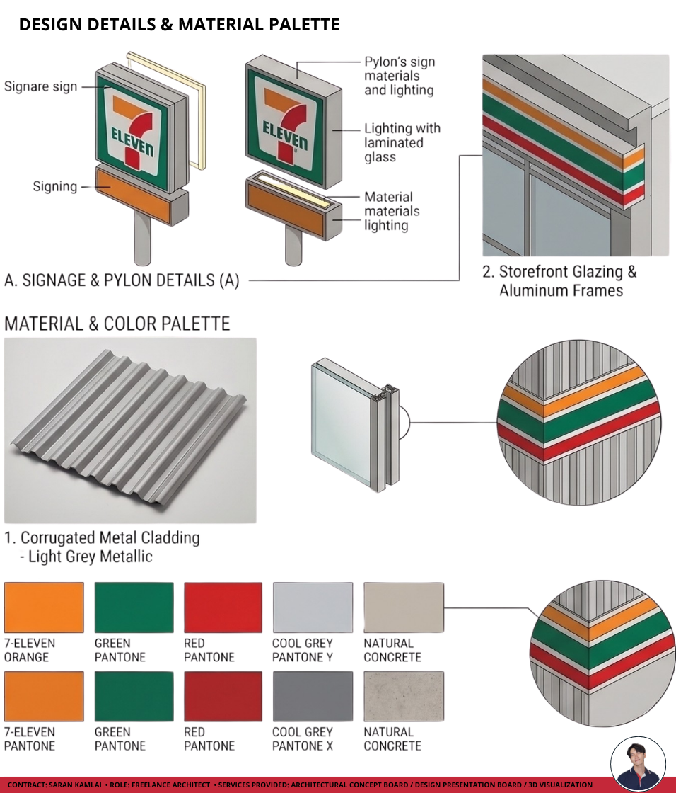 7-Eleven — Signage, Pylon & Material Palette